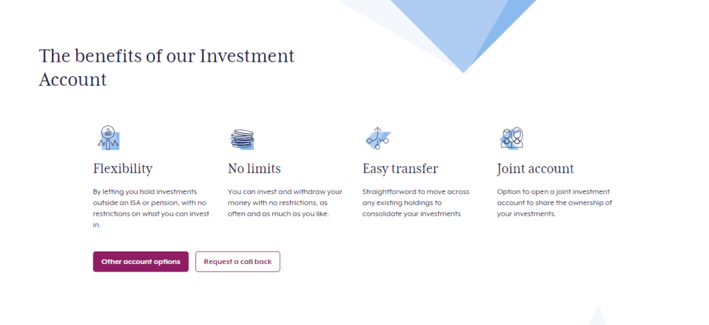 A Screenshot which shows the information about Investment account in the Charles Stanley website