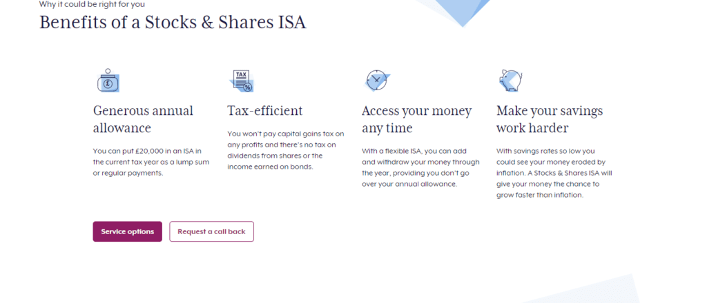 A Screenshot which shows the information about Stocks & shares ISA account in the Charles Stanley website