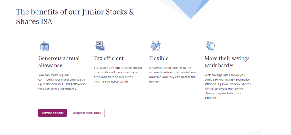 A Screenshot which shows the information about Junior Stocks & shares ISA account in the Charles Stanley website