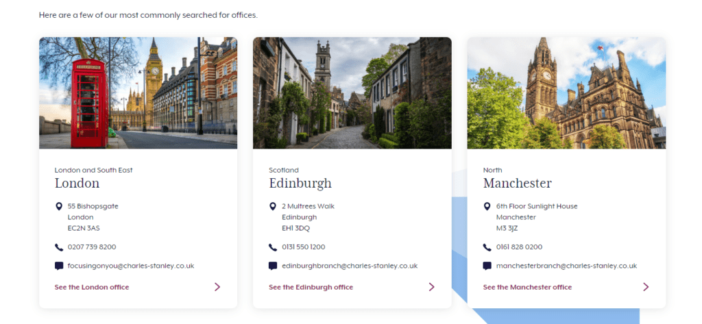 A Screenshot which shows the information about Charles Stanley office locations