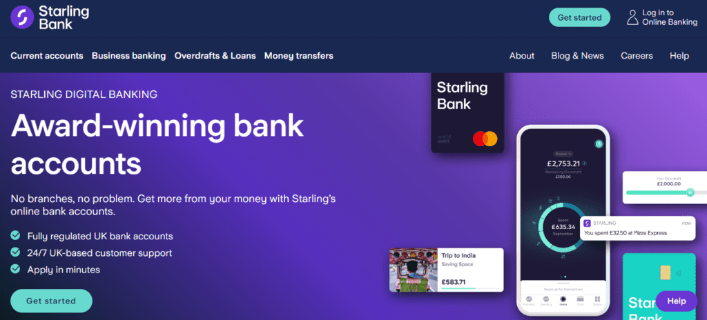 Screenshot from the Home page of Starling bank website