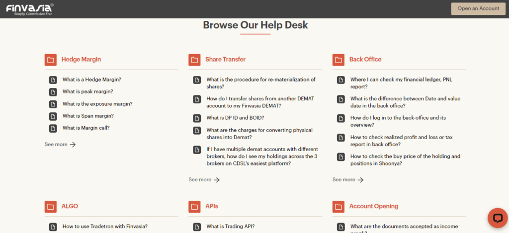 A Screenshot which shows the information about help desk section in the Finvasia website