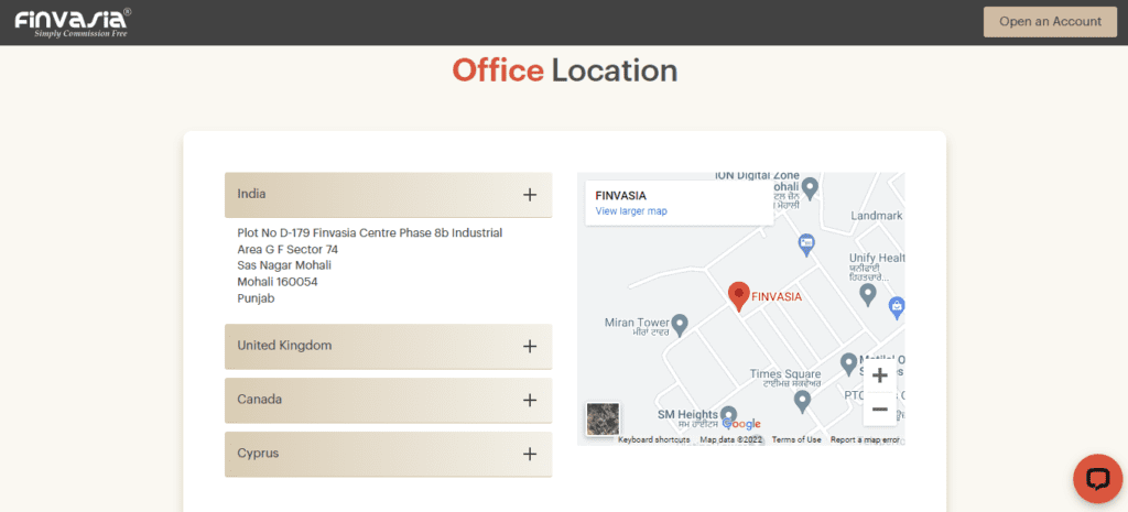 A Screenshot which shows the information about Office locations in the Finvasia website