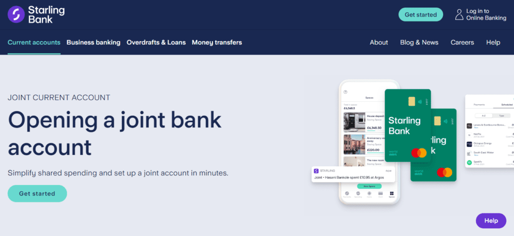 A Screenshot which shows the information about Joint account of the Starling bank website