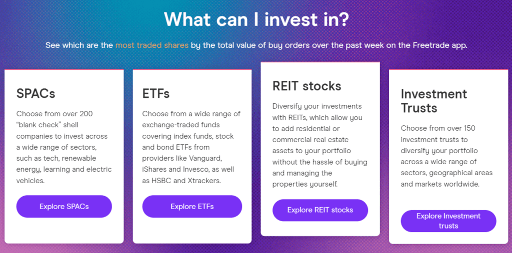 A screenshot of Assets list in the Freetrade io website