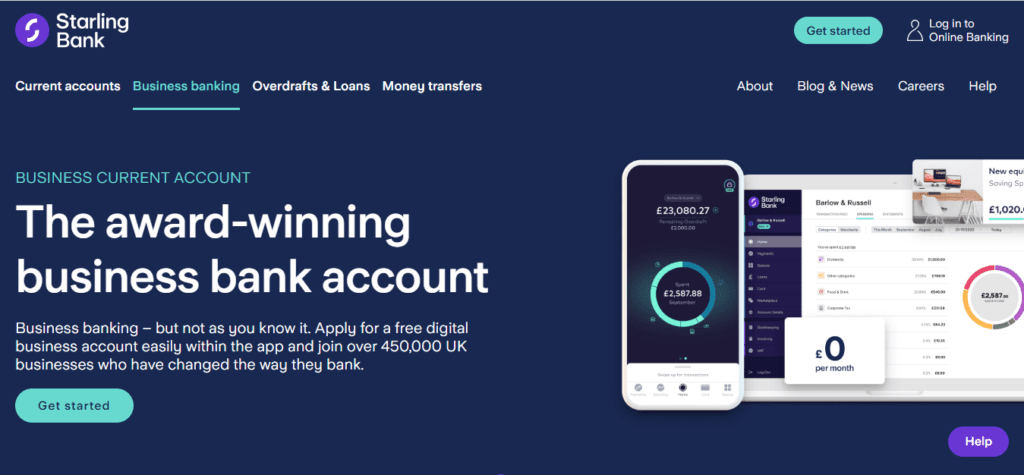 A Screenshot which shows the information about Business account of the Starling bank website