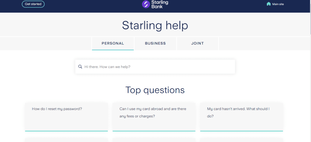 A Screenshot which shows the information about Help centre section of the Starling bank website