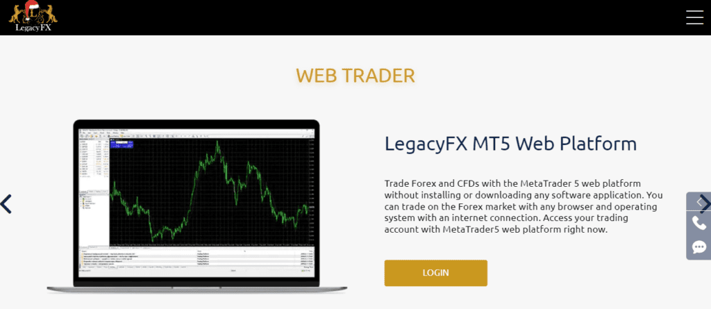 A Screenshot showing features of the MT5 Web Platform in the Legacyfx website