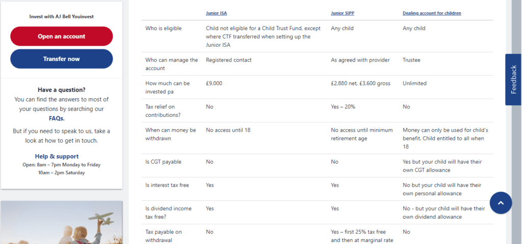 A Screenshot which shows the information about junior account in the AJ Bell Youinvest website