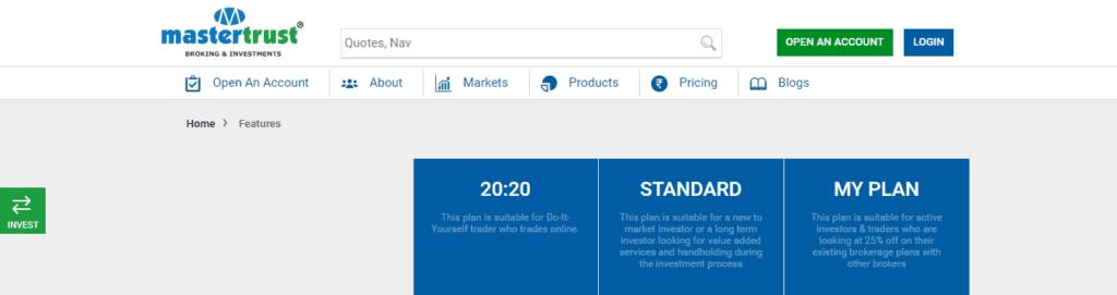 A Screenshot which shows the information about Brokerage plans in the Master trust website