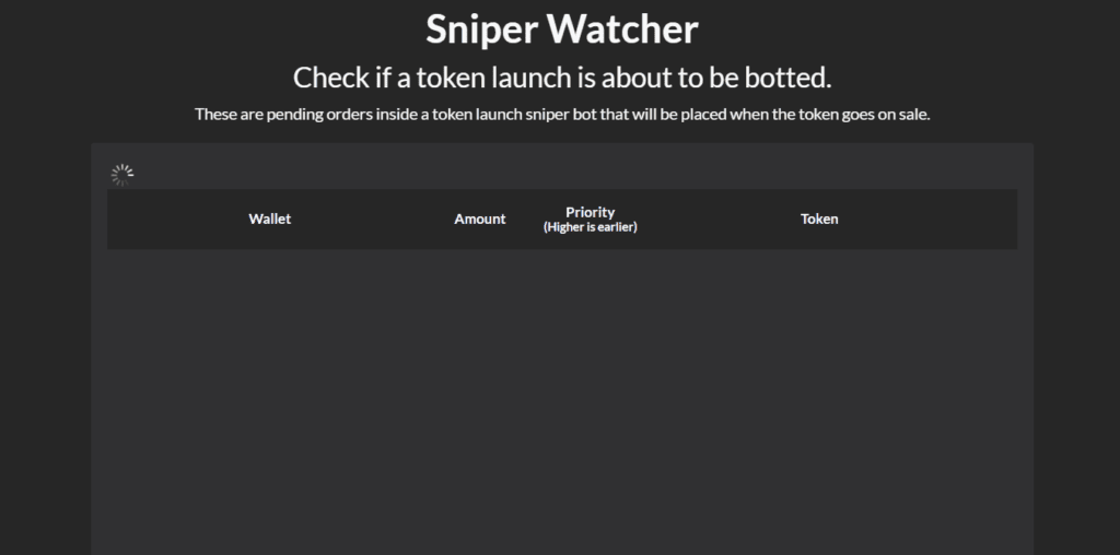 Sniper watcher section in the Poocoin website