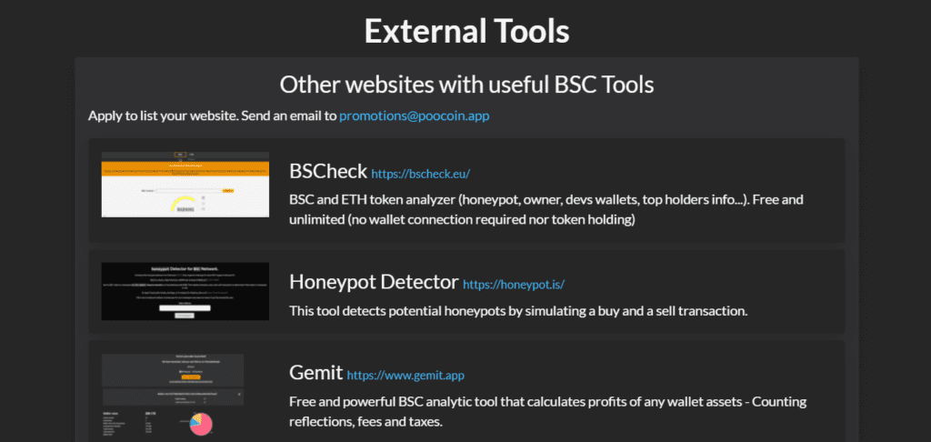 External tools section on the Poocoin website