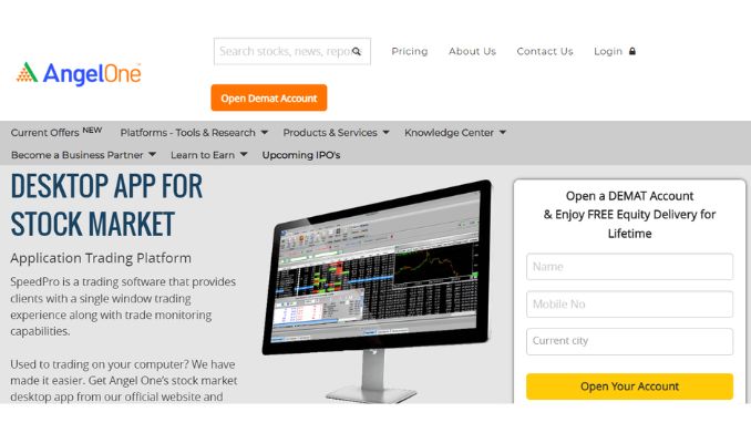 The screenshot of the Home page of the AngelOne Speed Pro platform in the AngelOne broker website