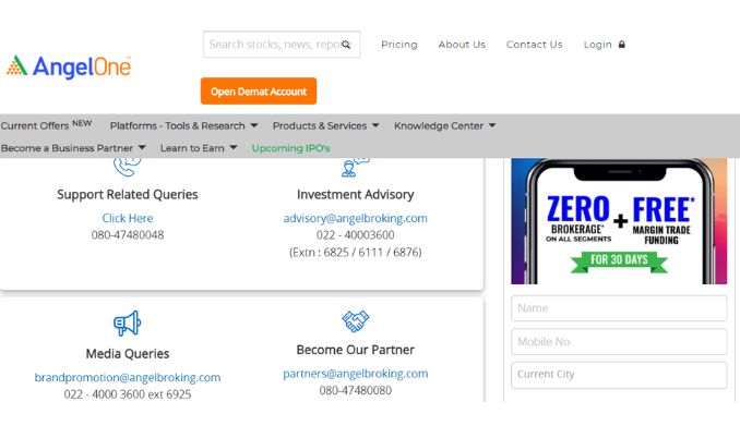 The screenshot of the Home page of AngelOne customer support service in the AngelOne broker website