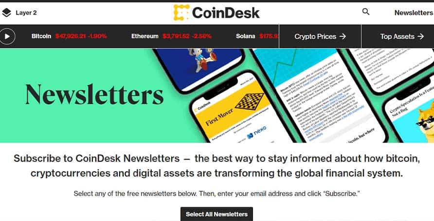 The screenshot of the Home page has the CoinDesk Newsletters section on the CoinDesk website