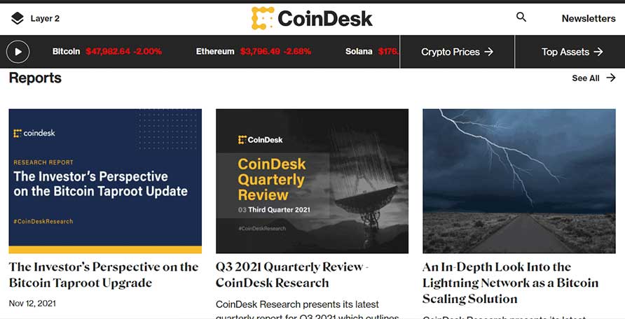 The screenshot of the Home page has the CoinDesk Research section on the CoinDesk website