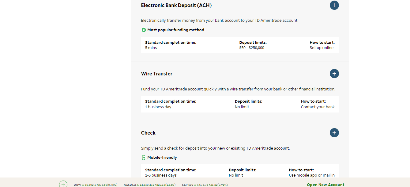 The screenshot of the funding method of TD Ameritrade on the TD Ameritrade broker website