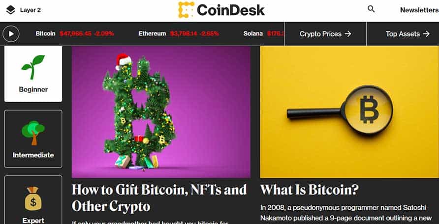 The screenshot of the Crypto Explainer+ section on the CoinDesk website