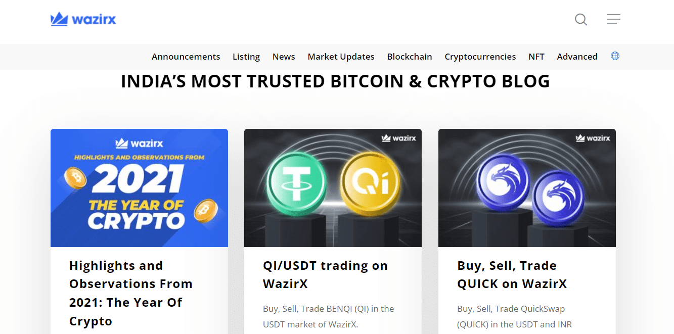 The screenshot of the Home page of the WazirX Research and Education section on the WazirX Broker website