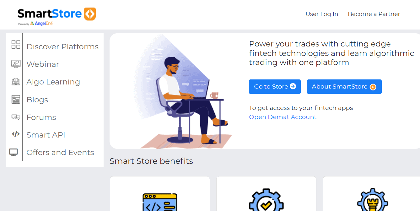 The screenshot of the Home page of the AngelOne Smart Store app in the AngelOne broker website