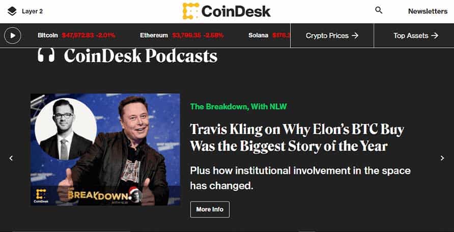 Podcasts section shown on the CoinDesk website