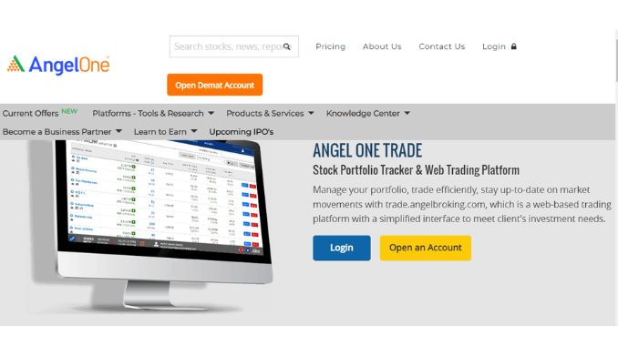 The screenshot of the Home page of the AngelOne trade platform on the AngelOne broker website