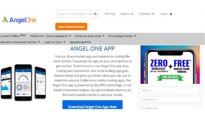 The screenshot of the Home page of the AngelOne app on the AngelOne broker website