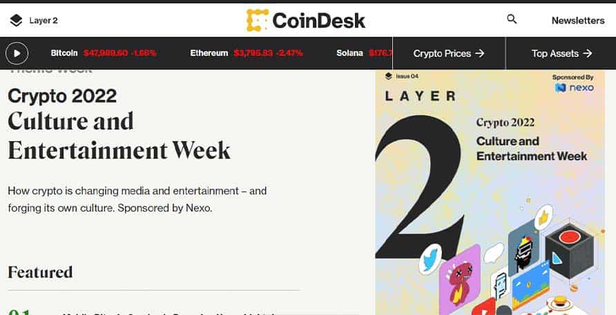 The screenshot of the Home page has the Layer 2 Magazine section on the CoinDesk website