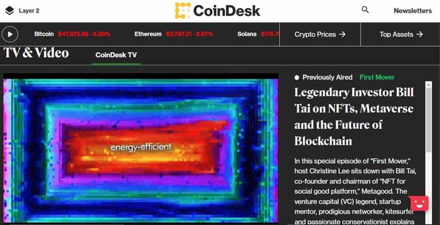 TV & Video section shown on the CoinDesk website