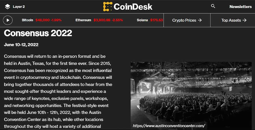 The screenshot of the Consensus section in the CoinDesk website