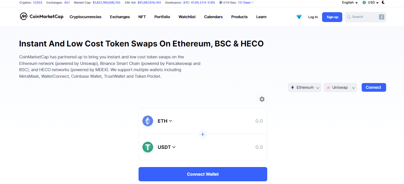 Crypto Swaps shown on the CoinMarketCap website