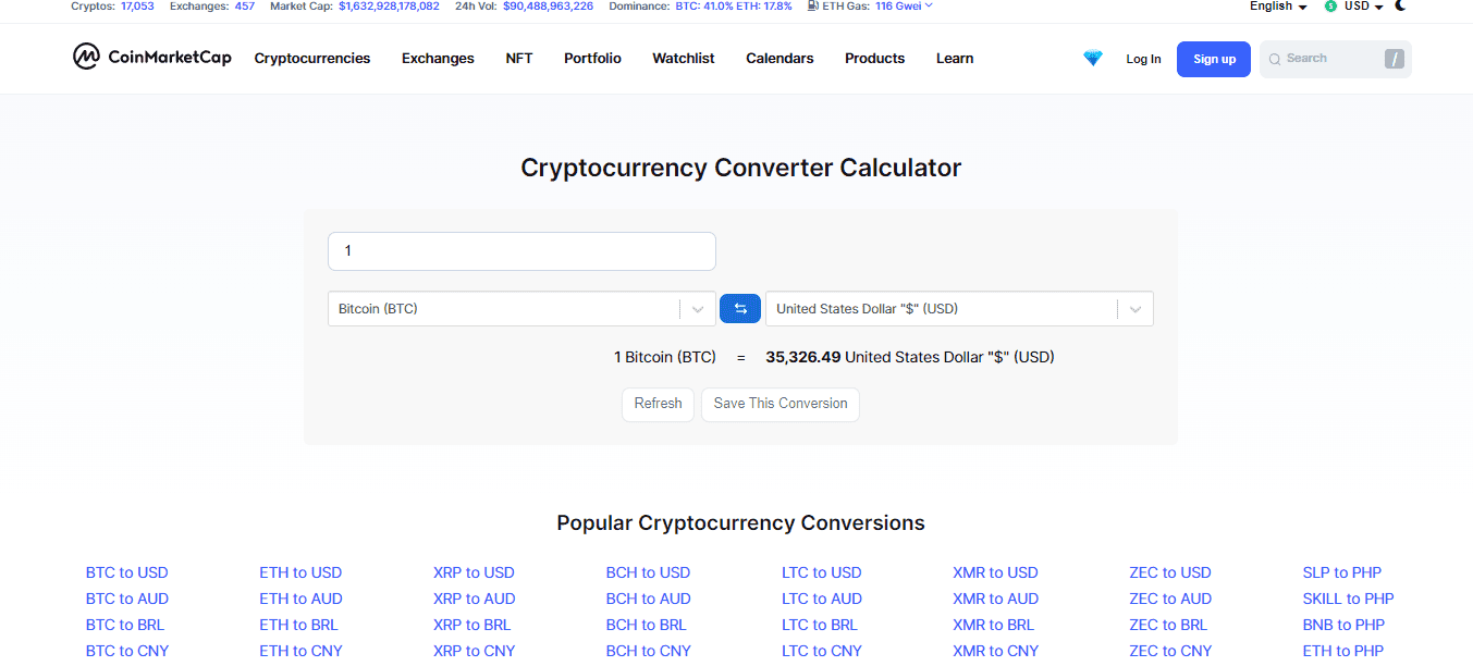 The screenshot of the Home page shows the Cryptocurrency converter calculator on the CoinMarketCap website