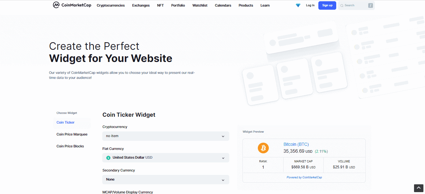 The screenshot of the Home page shows the Site widgets section on the CoinMarketCap website