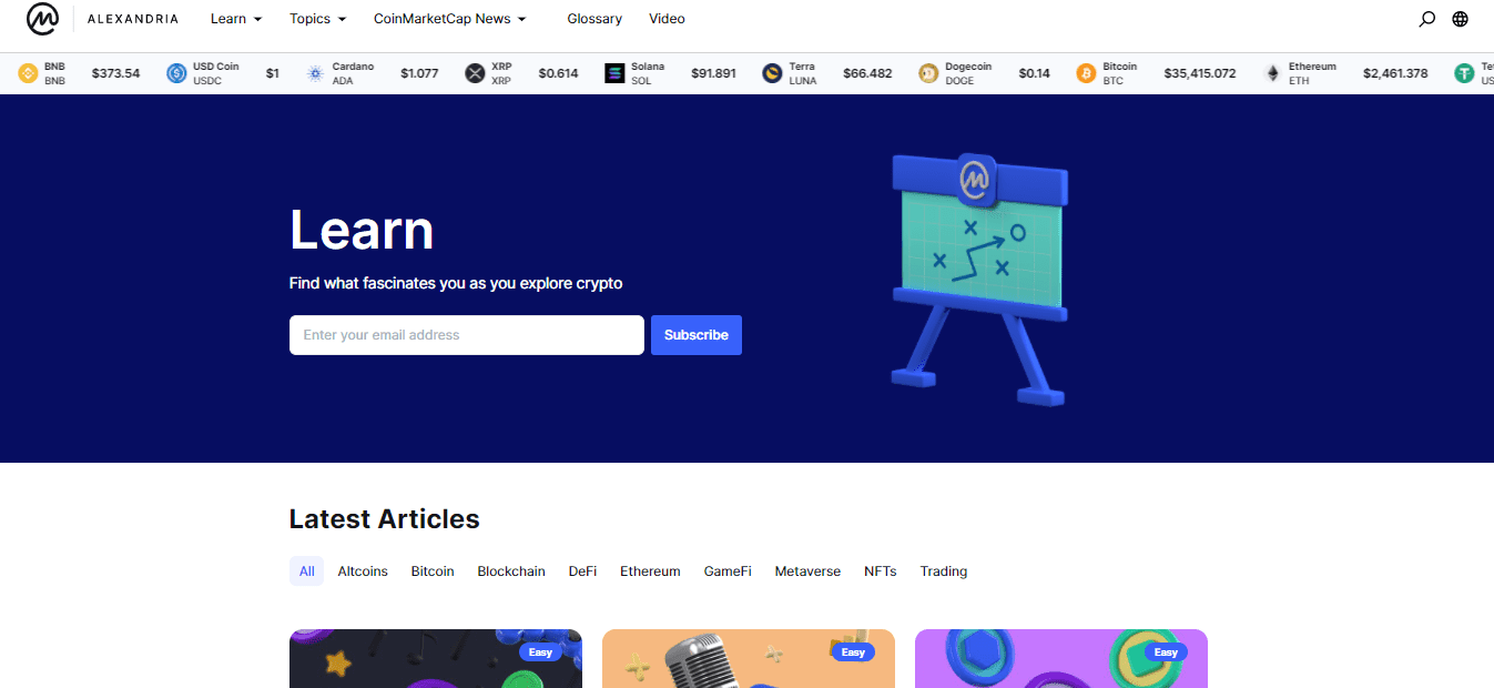 The screenshot of the Home page shows Education & Research section on the CoinMarketCap website