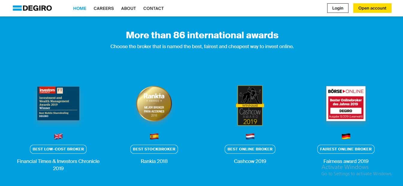 Screenshot that shows the information about the Awards won by the Degiro website