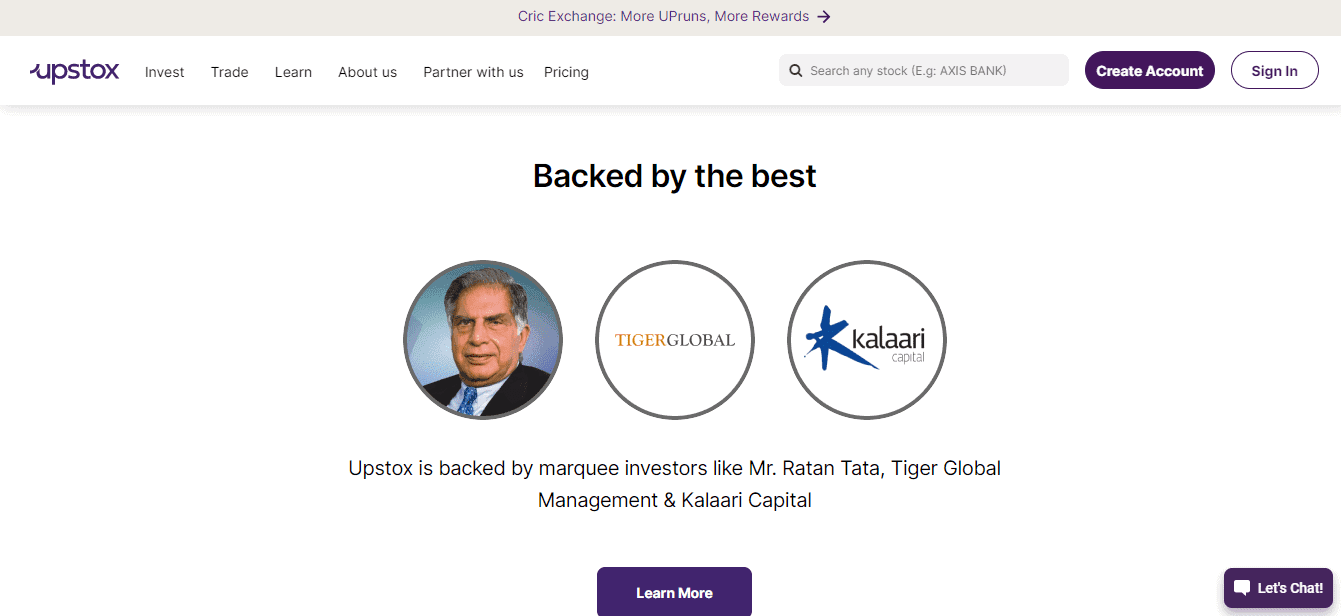 A Screenshot that shows the information about investors of the Upstox website