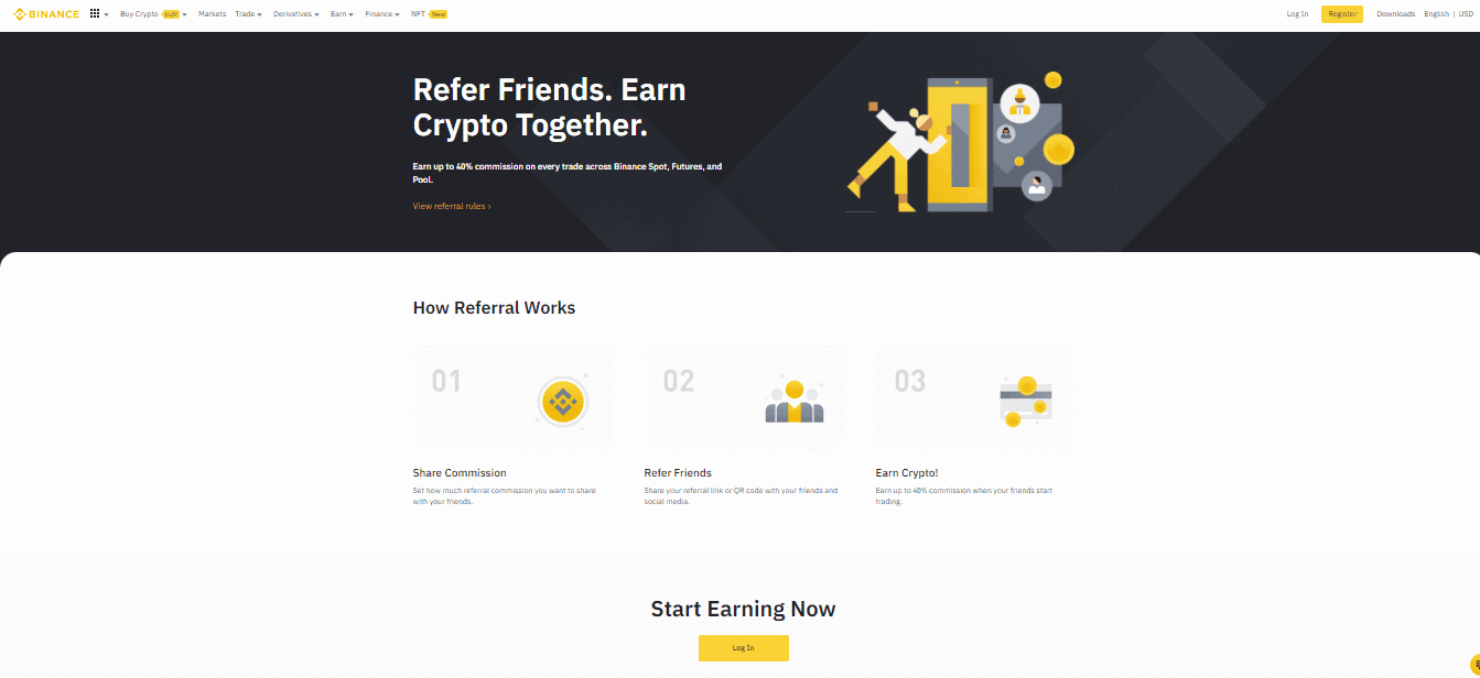 The screenshot of the home page of the Binance broker website shows the information about the referral programs