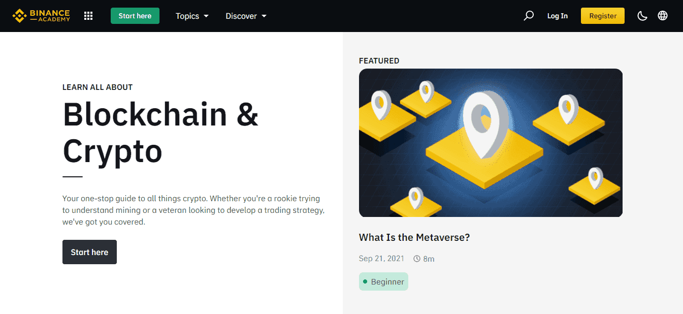 The screenshot of the Binance Academy section from the Home page of the Binance broker website