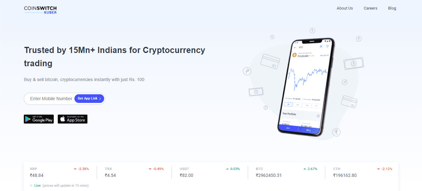 : A screenshot of the Home page of the CoinswitchKuberappon the Coinswitchwebsite