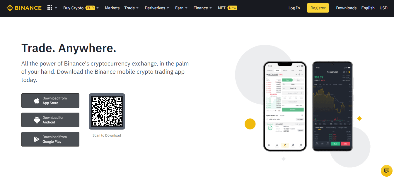 The screenshot of the Home page of the Mobile trading platform on the Binance broker website