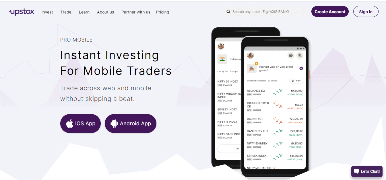 A Screenshot that shows the information about Upstox Pro mobile platform on the Upstox website