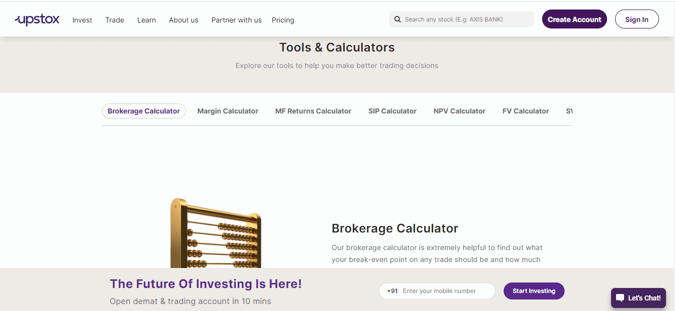 A Screenshot that shows the information about the calculator section on the Upstox website