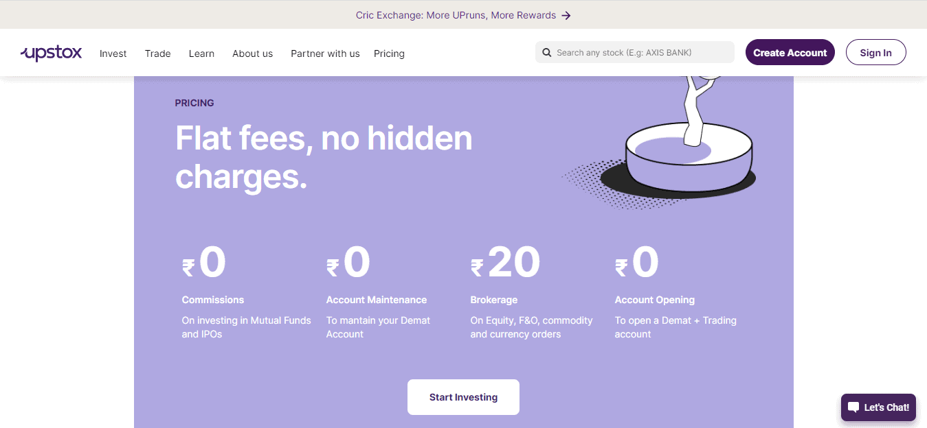 A Screenshot that shows the information about Pricing on the Upstox website