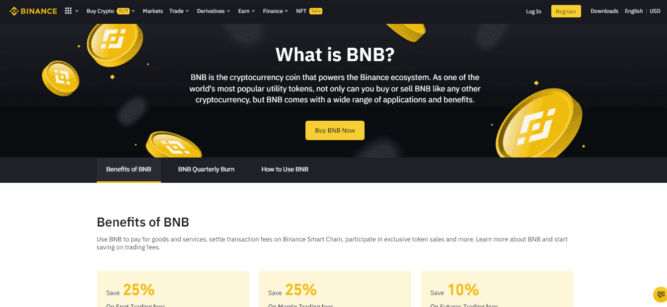 The screenshot shows the information about the BNB coin on the Binance broker website