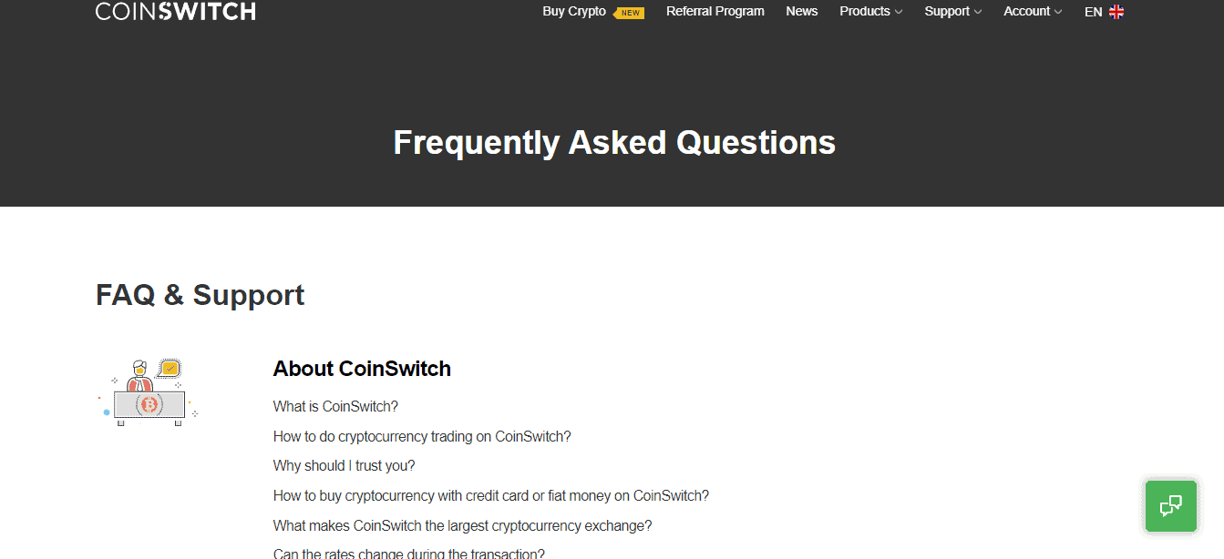 A Screenshot of the FAQsection on the Coinswitchwebsite