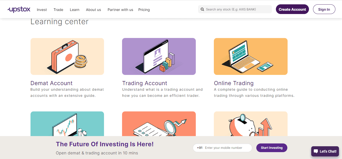 A Screenshot that shows the information about the learning section on the Upstox website