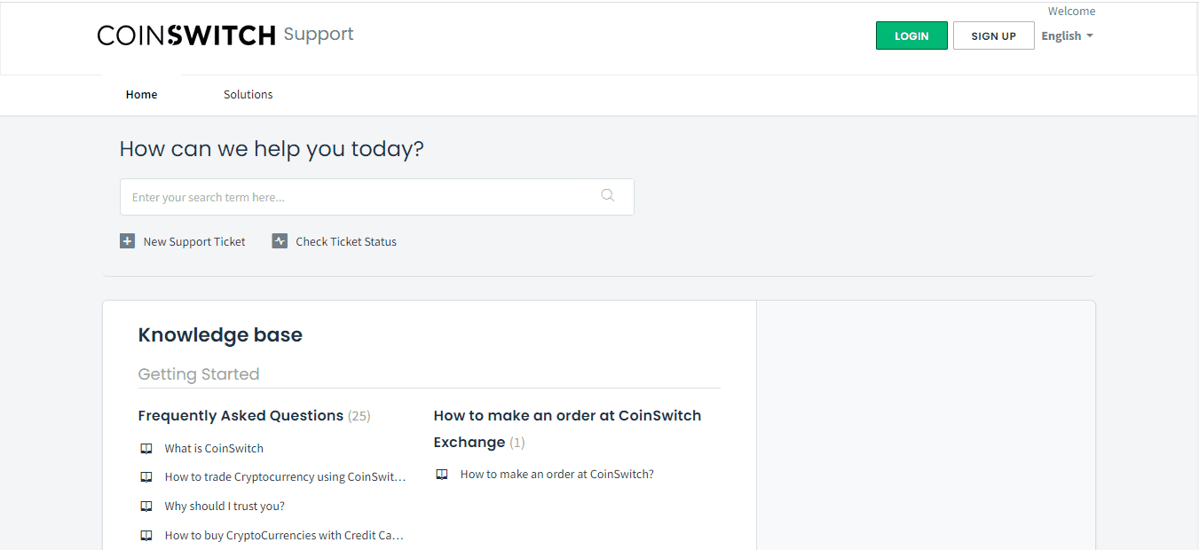 A Screenshot of the Customer support section on the Coinswitchwebsite