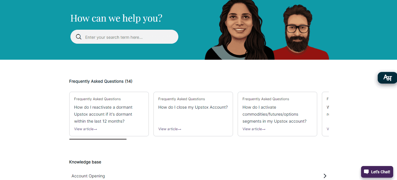 A Screenshot that shows the information about the Customer support section on the Upstox website