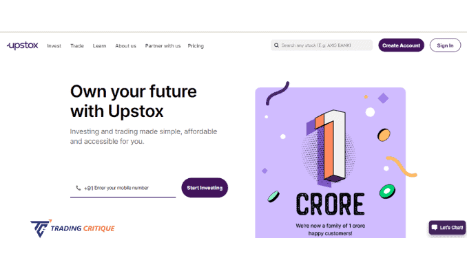 Screenshot from the Home page of the Upstox website