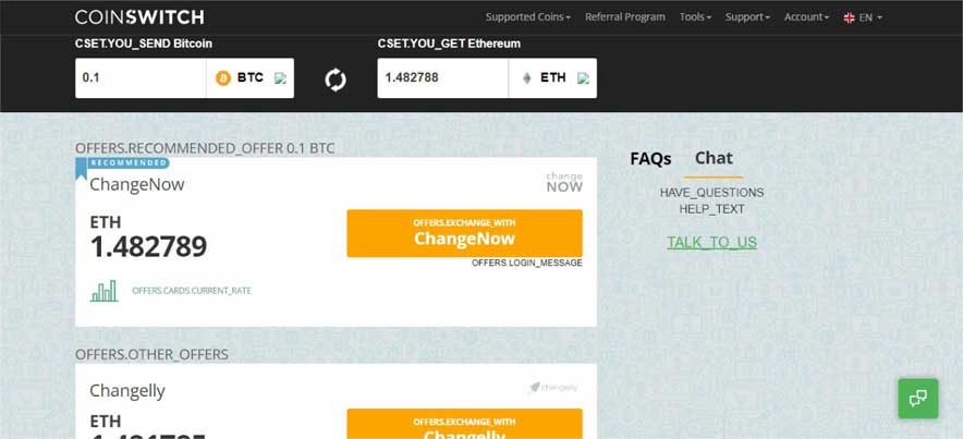 : A Screenshot of the Coinswitchwebsiteshows the offers for crypto exchange